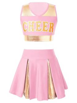 Doomiva Mädchen Cheer Leader Kostüm Set mit Pom, Handblumen, Socken Cheerleading Uniform Ärmellose Tanztop und Minirock Tanzkostüm Set U Hellrosa 146-152 von Doomiva