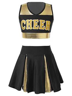 Doomiva Mädchen Cheer Leader Kostüm Set mit Pom, Handblumen, Socken Cheerleading Uniform Ärmellose Tanztop und Minirock Tanzkostüm Set U Schwarz 158-164 von Doomiva