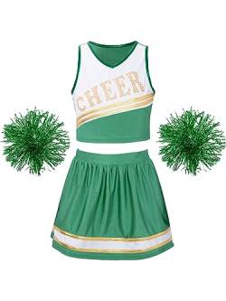 Doomiva Mädchen Cheer Leader Kostüm Set mit Pom, Handblumen, Socken Cheerleading Uniform Ärmellose Tanztop und Minirock Tanzkostüm Set Xb Grün 158-164 von Doomiva