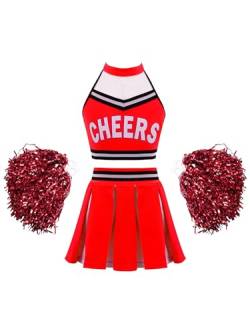 Doomiva Mädchen Cheer Leader Kostüm set Tanzbekleidung Set Crop Top und Minirock Tanzanzug Festlich Tanzkostüm Wa Rot mit Poms 158-164 von Doomiva