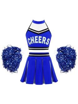 Doomiva Mädchen Cheer Leader Kostüm set Tanzbekleidung Set Crop Top und Minirock Tanzanzug Festlich Tanzkostüm Wa Royal Blau mit Poms 170-176 von Doomiva