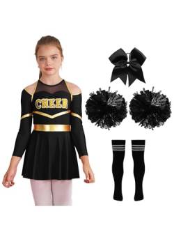 Doomiva Mädchen Cheer Leader Tanzkostüm Kinder Cheerleading Uniform Langarm Tanzkleid Festlich Tanzbekleidungset mit Pompoms,Socken und Kopfschmuck Schwarz + Weiß 158-164 von Doomiva