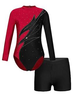 Doomiva Mädchen Turnanzug Langarm Tanzanzug mit Shorts Langarm Ballettkleidung Glitzer Leotard Gymnastik Overall Burgundy + Schwarz 158-164 von Doomiva