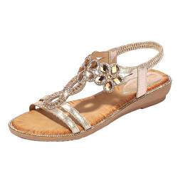 Dooxii Mode Strass Peep Toe Strandsandalen Flache Flip Flops Bohemian Sommer Hausschuhe (Gold#1, Größe 38) von Dooxii