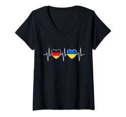 Damen Deutschland und Ukraine Flaggen Fahnen Herz T-Shirt mit V-Ausschnitt von Doppelte Staatsbürgerschaft Kleidung und Geschenke