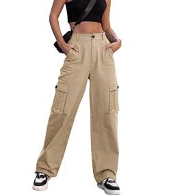 Dordanity Y2K Cargohose für Damen - High Waist Hose mit weitem Bein und 6 Taschen - erhältlich in den Größen S/M/L/XL(Khaki,M) von Dordanity