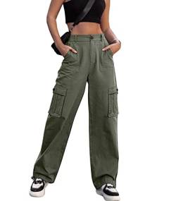 Dordanity Y2K Cargohose für Damen - High Waist Hose mit weitem Bein und 6 Taschen - erhältlich in den Größen S/M/L/XL(Olivgrün,XL) von Dordanity