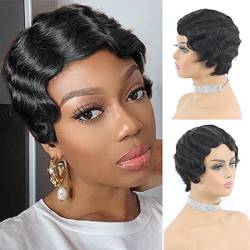 Echthaar-Perücken Fingerwellen Pixie Cut Kurzes Haar für schwarze Frauen Natürliche Farbe Maschine gemacht von Doren