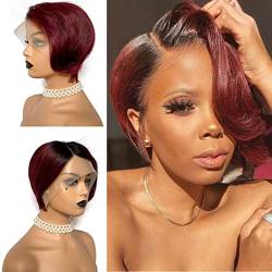 Kurze Pixie Cut Perücken für schwarze Frauen Echthaar T-Teil transparente Spitze Perücke mit vorgezupftem Haaransatz #1b/99J von Doren