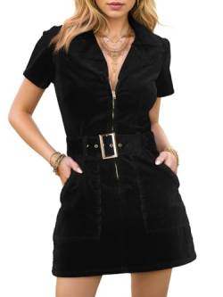 Damen Cordkleid Minikleid Kurzarm Revers Reißverschluss Gürtel Cowgirl Kleider mit Taschen, Schwarz, Mittel von Doshoop