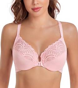 DotVol Damen BH Vollschalen Ungepolster Bügel BH Floraler Spitze BH Soft Cup Große Größen(Rosa,100C) von DotVol