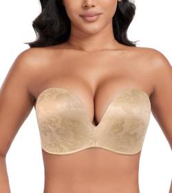 DotVol Damen Flügel-Design Push Up Bra Trägerloser BH Komfort Bügellos Unsichtbare Wirefree Anti-Rutsch BH(Blume Beige,75A) von DotVol