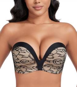 DotVol Damen Flügel-Design Push Up Bra Trägerloser BH Komfort Bügellos Unsichtbare Wirefree Anti-Rutsch BH(Blume Schwarz,70E) von DotVol