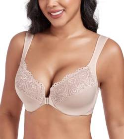 DotVol Damen Große Größen BH Vollschalen Ungepolster U-Rücken BH mit Breiten Trägern Floraler Spitze BH Soft Cup Bra(Beige,85G) von DotVol