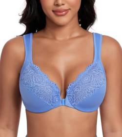 DotVol Damen Große Größen BH Vollschalen Ungepolster U-Rücken BH mit Breiten Trägern Floraler Spitze BH Soft Cup Bra(Blau,85F) von DotVol