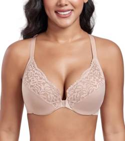 DotVol Damen Große Größen BH Vorderverschluss Floraler Spitze Unterwäsche Ungepolster Vollschaler BH Soft Cup Alltag BH T-Rücken Bra(Blumen Beige, 105D) von DotVol