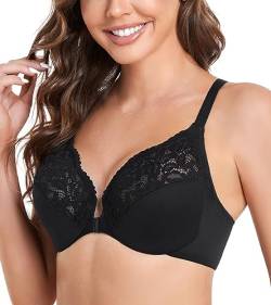 DotVol Damen Große Größen BH Vorderverschluss Floraler Spitze Unterwäsche Ungepolster Vollschaler BH Soft Cup Alltag BH T-Rücken Bra(Blumen Schwarz, 75G) von DotVol