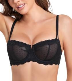 DotVol Damen Spitze Balconette BH Push Up Ungepolste Unterwäsche Convertible Multiway Bra Große Größen(Schwarz, 70A) von DotVol