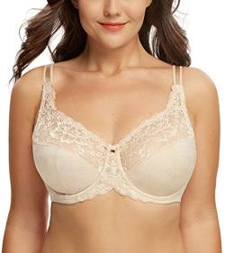 DotVol Damen Vollschalen Spitze Blumen Ungepolstert Bügel Jeden Tag Minimizer BH (Beige, 75D) von DotVol