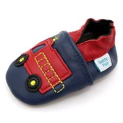 Dotty Fish Weiche Baby Kinder Lederschuhe mit weichen Wildledersohlen. Krabbelschuhe. Jungen. Navy und rot Feuerwehrauto. 3-4 Jahre (27 EU) von Dotty Fish