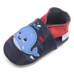Dotty Fish weiche Leder Babyschuhe mit rutschfesten Wildledersohlen. Kleinkind Schuhe. Jungen und Mädchen. Marineblauer Wal. 0-6 Monate (17 EU) von Dotty Fish