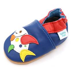 Dotty Fish weiche Leder Babyschuhe mit rutschfesten Wildledersohlen. Kleinkind Schuhe. Jungen. Blau Bunt Punkte Fisch. 0-6 Monate (17 EU) von Dotty Fish