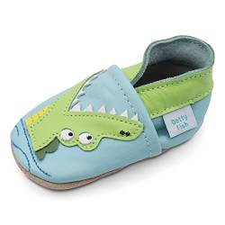 Dotty Fish weiche Leder Babyschuhe mit rutschfesten Wildledersohlen. Kleinkind Schuhe. Jungen. Blau mit Krokodil. 0-6 Monate (17 EU) von Dotty Fish