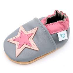 Dotty Fish weiche Leder Babyschuhe mit rutschfesten Wildledersohlen. Kleinkind Schuhe. Mädchen. Graue und rosa Sterne. 18-24 Monate (23 EU) von Dotty Fish