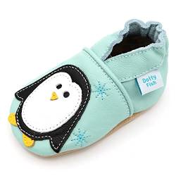 Dotty Fish weiche Leder Babyschuhe mit rutschfesten Wildledersohlen. Kleinkind Schuhe. Mintfarben mit Pinguin. Mädchen und Jungen. 2-3 Jahre (25 EU) von Dotty Fish