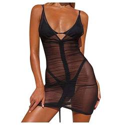 Doublehero Damen Sexy Bodycon Minikleid Transparente Reizwäsche V-Ausschinitt Kleid Bikini Cover Up Sommer Casual Bluse Swimwear Badenanzug Sonnenschutzkleidung (XXXL, Schwarz) von Doublehero