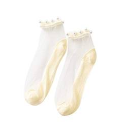 Doublehero Frauen Söckchen Spitzen Damen Sommer Jahrgang Ultradünne Transparent Schöne Pearl Spitze Elastische Kurze Socken für Erwachsene Socken (Beige) von Doublehero