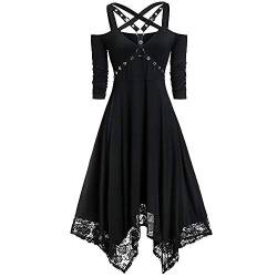 Doublehero Gothic Kleidung Damen Kleid Mittelalter Kostüm Punk Karneval Kostüm Frau Cosplay Kurzarm Steampunk Minikleid Sommer Schnürung Kapuzen Party Vintage Kleid Weihnachten (XL,Schwarz) von Doublehero