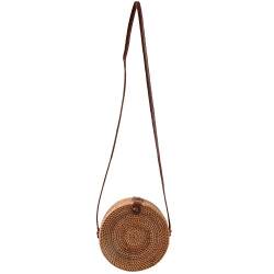 Vintage Handgemachte Ledertasche Runde Strandtasche Mädchen Rattan Tasche Kleine Umhängetasche, Fotofarbe, 20x8cm von Doumneou