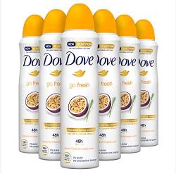 Dove, Go Fresh Deodorant Spray Passion Fruit, mit 1/4 Feuchtigkeitscreme, Antitranspirant, ohne Alkohol, trockene Haut bis zu 48 Stunden, frischer Duft, Deodorant für Damen und Herren, 6 Stück à 150 von Dove