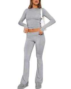 Doweha Damen-Leggings aus Baumwolle, ausgestellt, zweiteilig, langärmelig, bauchfrei, niedrige Taille, umklappbare Yogahose, A-grau, XL von Doweha