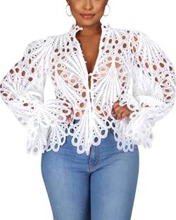 Doweha Damen Sexy Rüschen Langarm Sommer Spitze Tops 2024 Puff Flare Shirt V Ausschnitt Hollow Out Button Down Tunika Blusen, A-weiß, X-Groß von Doweha