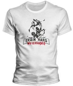 DragonHive Herren T-Shirt - Vegeta Train Hard Bodybuilding Lustiges Trainingsshirt - Lustiges Männer Tshirt, Größe:M, Farbe:Weiß von DragonHive