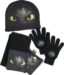 Dreamworks Dragon Kinder Winter 3er Set: Mütze, Handschuhe, Schal, schwarz von Dragons