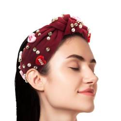 Dranng Geknotetes Stirnband für Frauen, geknotetes Valentinstag-Stirnband - Perlenbesetzte Perlenknoten-Kopfbedeckungen | Modisches, stilvolles, breites Haarband mit „Be Mine Love“-Charm, stilvolles, von Dranng