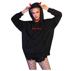 Damen Hoodie Schwarz Sweatshirt, Teenager Mädchen Casual Halloween Teufel Flügel Kapuzenpullover Schwarz Brief Drucken Hoodie Langarmshirt Gothic Pullover Tops Bluse mit Taschen (S, Schwarz) von Dream Room