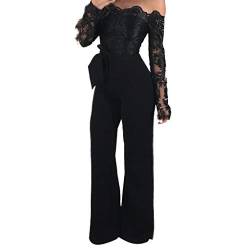 Damen Jumpsuit Elegant Lang mit Spitze Rückenfrei Overall Langarm Schulterfrei Exquisit Blumen Lace Mesh Jumpsuit Overall Hosenanzug Playsuit Romper Hohe Taille Spielanzug mit Gürtel (L, Schwarz B) von Dream Room