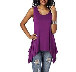 Dreamskull Damen Frauen T Shirts Oberteile Blusen Tops Tunika Tuniken Longshirt Lang Basic Rückenfrei Ärmellos Asymetrisch Baumwolle Sommer Alltag Casual Locker Lässig Stretch S-3XL (XL, Violett) von Dreamskull