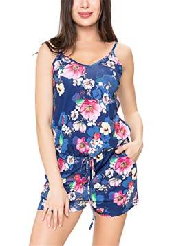 Dreamskull Jumpsuit Overall Damen Frauen Sommer Kurz Hosenanzug Romper Einteiler Playsuit Ärmellos Elegant Sexy Träger mit Blumen Rückenfrei Taschen V Ausschnitt Strand Locker Lässig Casual Blau XL von Dreamskull