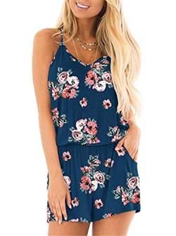 Dreamskull Jumpsuit Overall Damen Frauen Sommer Kurz Hosenanzug Romper Einteiler Playsuit Ärmellos Elegant Sexy Träger mit Blumen Rückenfrei Taschen V Ausschnitt Strand Locker Lässig Dunkelblau XL von Dreamskull