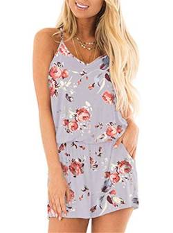 Dreamskull Jumpsuit Overall Damen Frauen Sommer Kurz Hosenanzug Romper Einteiler Playsuit Ärmellos Elegant Sexy Träger mit Blumen Rückenfrei Taschen V Ausschnitt Strand Locker Lässig GrauBlau L von Dreamskull