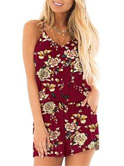 Dreamskull Jumpsuit Overall Damen Frauen Sommer Kurz Hosenanzug Romper Einteiler Playsuit Ärmellos Elegant Sexy Träger mit Blumen Rückenfrei Taschen V Ausschnitt Strand Locker Lässig Weinrot L von Dreamskull