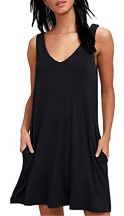 Dreamskull Kleid Kleider Tshirt Damen Frauen Sommer Kurz Ärmellos Lässiges Shirtkleid Freizeitkleid Sommerkleid Minikleid mit Taschen Casual Modal Ohne Ärmel Alltag Locker Party (Large, Schwarz) von Dreamskull