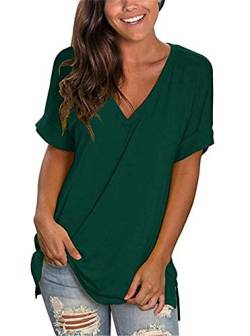 Dreamskull Kurzärmelige T Shirt Oberteil Shirts Tops Bluse Blusen Tunika Oberteile Damen Frauen Sommer Sexy Kurzarm Basic V Ausschnitt Locker Casual Lässig Einfarbig Baumwolle (Large, Dunkelgrün) von Dreamskull