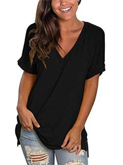 Dreamskull Kurzärmelige T Shirt Oberteil Shirts Tops Bluse Blusen Tunika Oberteile Damen Frauen Sommer Sexy Kurzarm Basic V Ausschnitt Locker Casual Lässig Einfarbig Baumwolle (Small, Schwarz) von Dreamskull