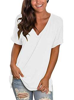 Dreamskull Kurzärmelige T Shirt Oberteil Shirts Tops Bluse Blusen Tunika Oberteile Damen Frauen Sommer Sexy Kurzarm Basic V Ausschnitt Locker Casual Lässig Einfarbig Baumwolle (X-Large, Weiß) von Dreamskull